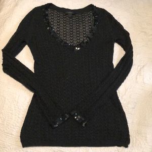 Express Black V-neck Pointelle Sweater with Sequined Trim, M